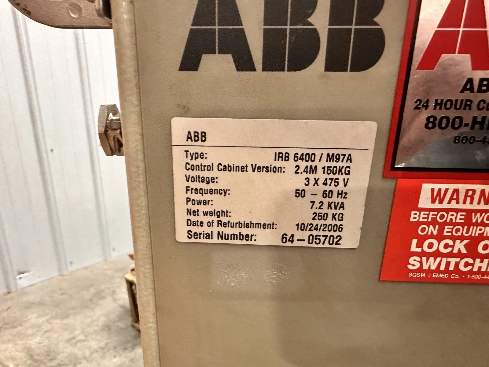 ABB IRB6400 - 2.4m Robot 150Kg Payload, S4C M97A Control System Teach Pendant