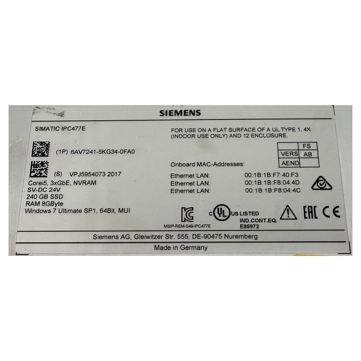 Siemens 6AV7241-5KG34-0FA0 SIMATIC HMI Panel Industrial